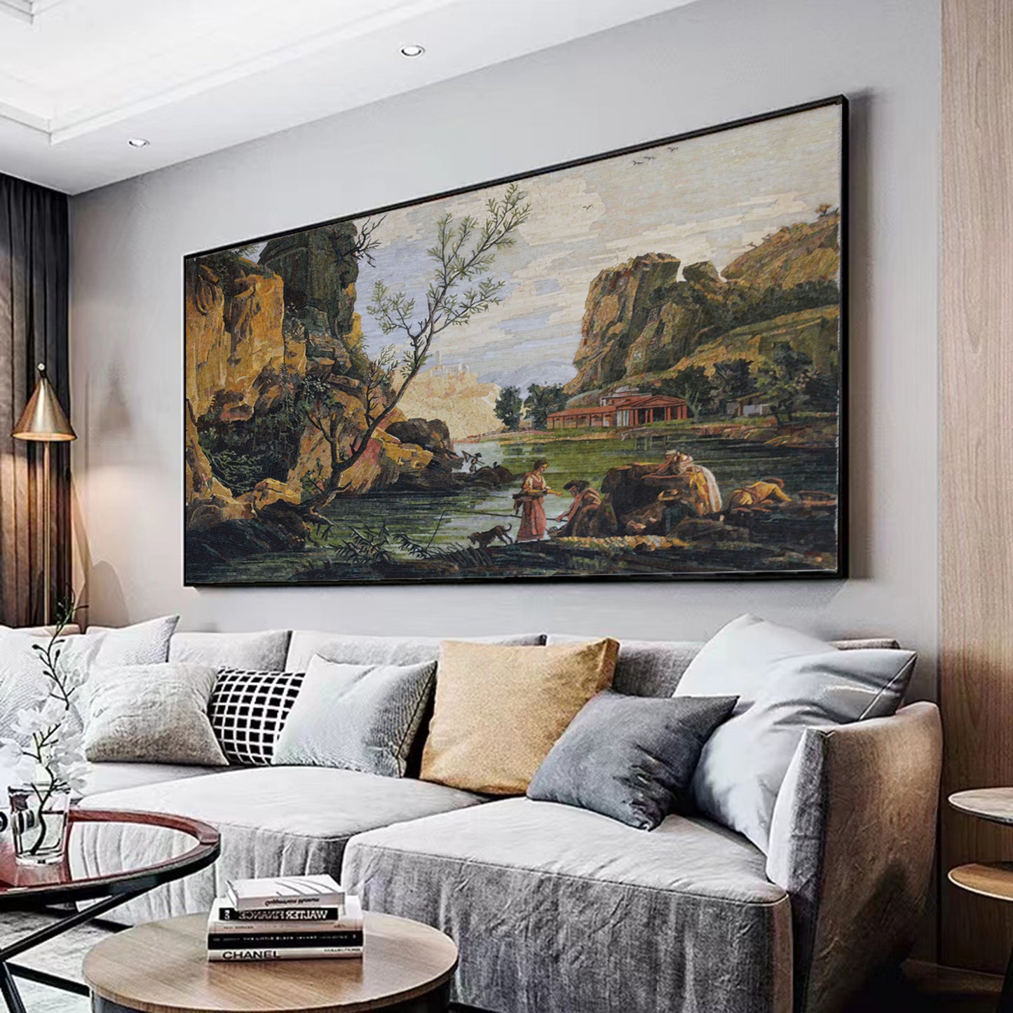 A Mosaic Art River and fisherman Glass materials Custom made size AJ59