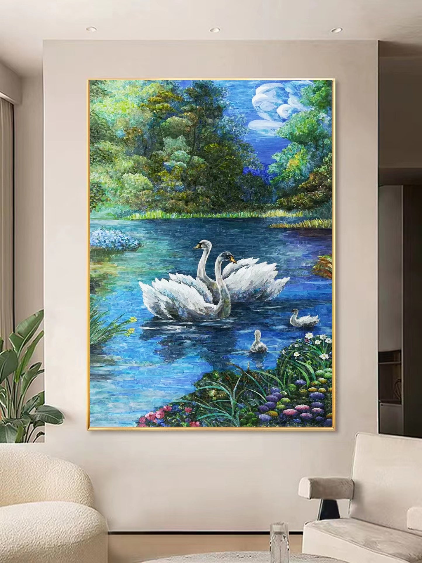 A Mosaic Art Swan lake Glass materials Custom made size AJ73