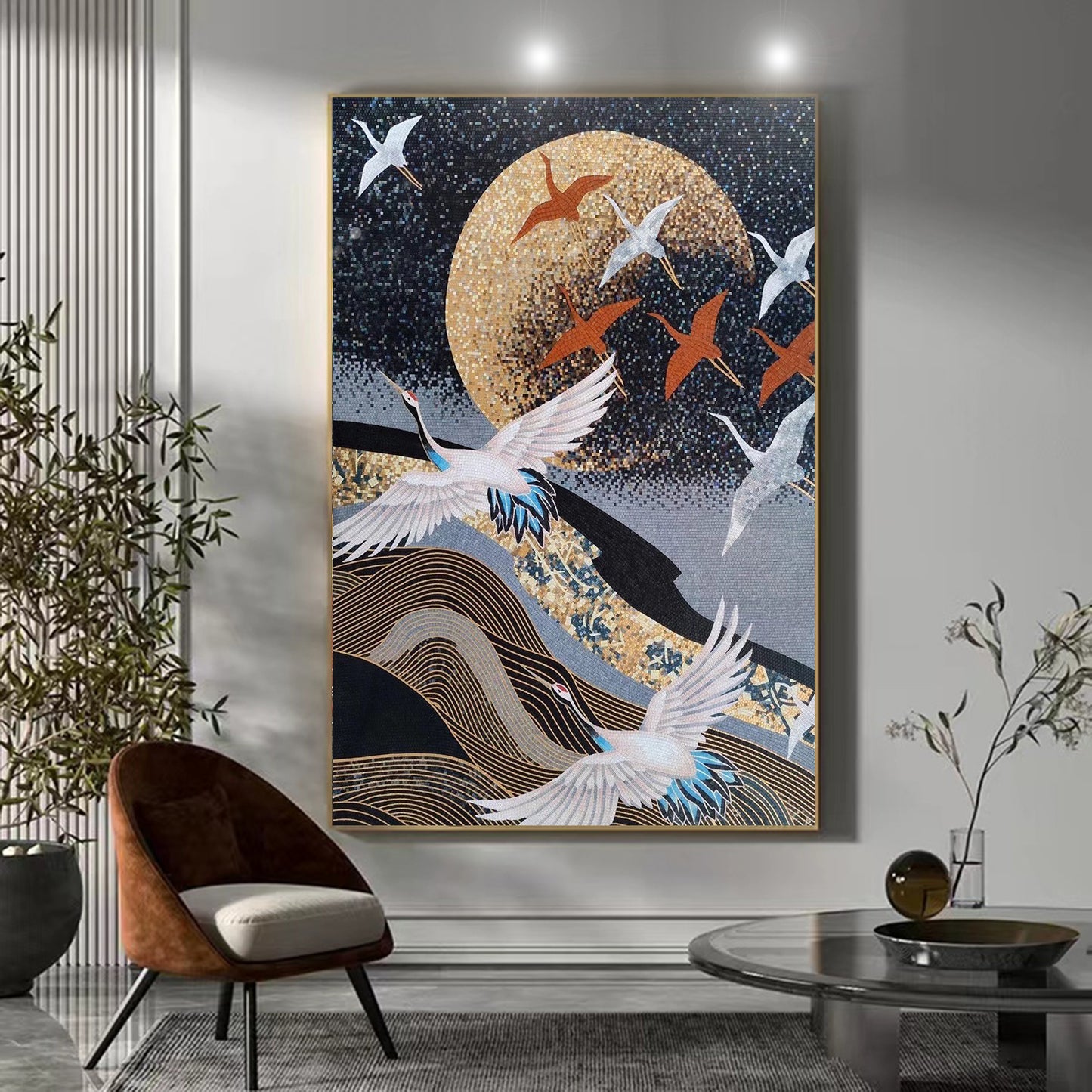 A Mosaic Art Dancing cranes Glass materials Custom made size AJ101